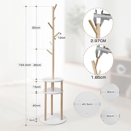 GIBLEA ポールハンガー コートハンガー 幅41ｘ奥行き41ｘ高さ165CM コート掛け 省スペース ハンガーラック カバン掛け 玄関収納 6つフック 3段収納棚 大容量収納ラック スリム 玄関 木製 おしゃれ (木色)