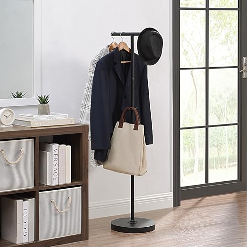 サニーポイント ポールハンガー フック付き 衣類収納 ランドセルスタンド 安定 キッズ コートハンガー スタンド バッグ掛け スリム ハンガーラック スチール (コート掛け x ブラック)
