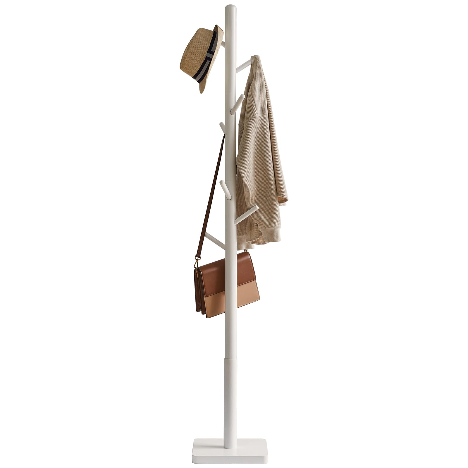 YMYNY ポールハンガー 木製 ラバーウッド 安定スクェアベース 高さ三段階調節 8つフック 組み立て簡単 コンパクト 帽子・かばん・洋服掛け 約29x29x176cm コートハンガー ハンガースタンド ホワイト JPHCR002W