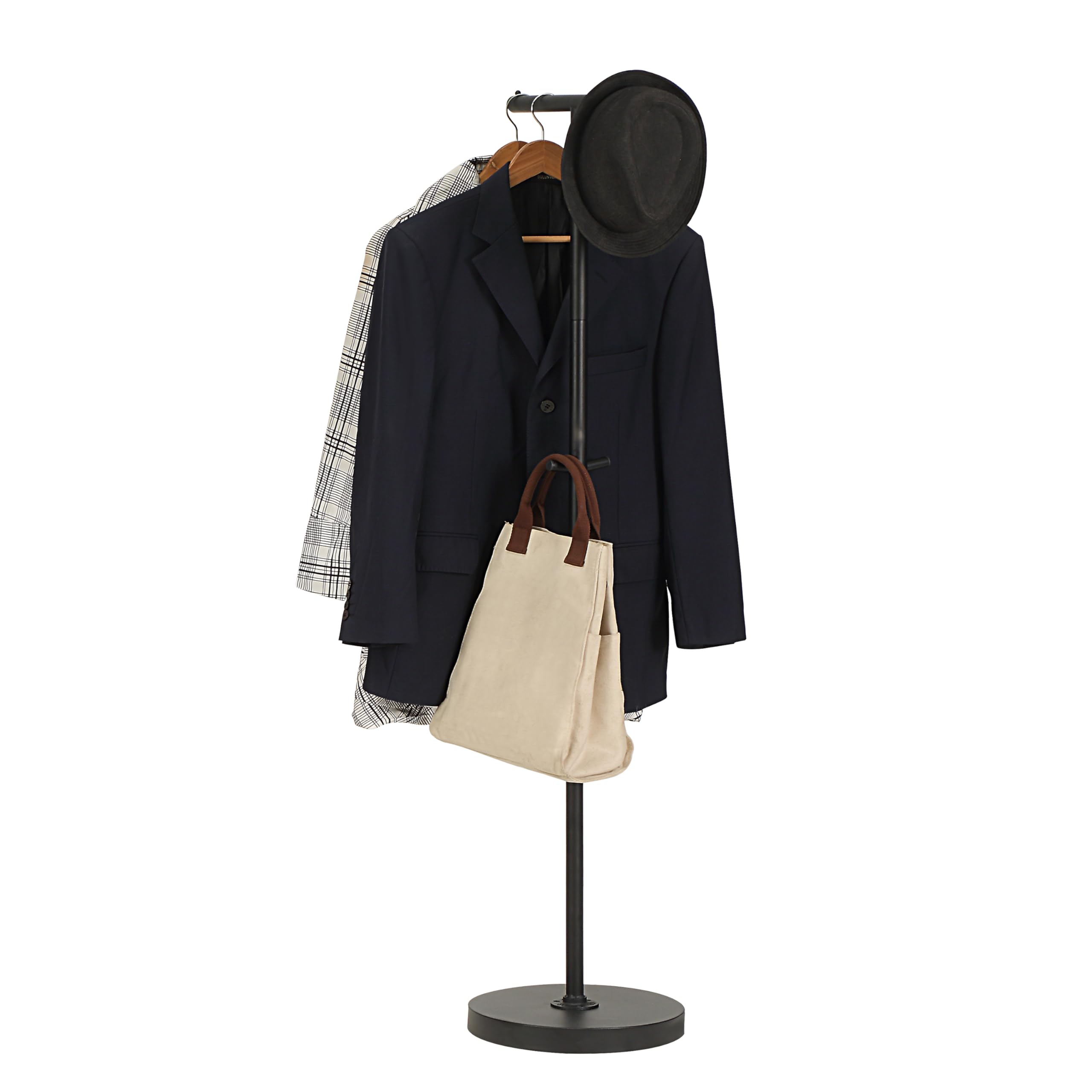 サニーポイント ポールハンガー フック付き 衣類収納 ランドセルスタンド 安定 キッズ コートハンガー スタンド バッグ掛け スリム ハンガーラック スチール (コート掛け x ブラック)