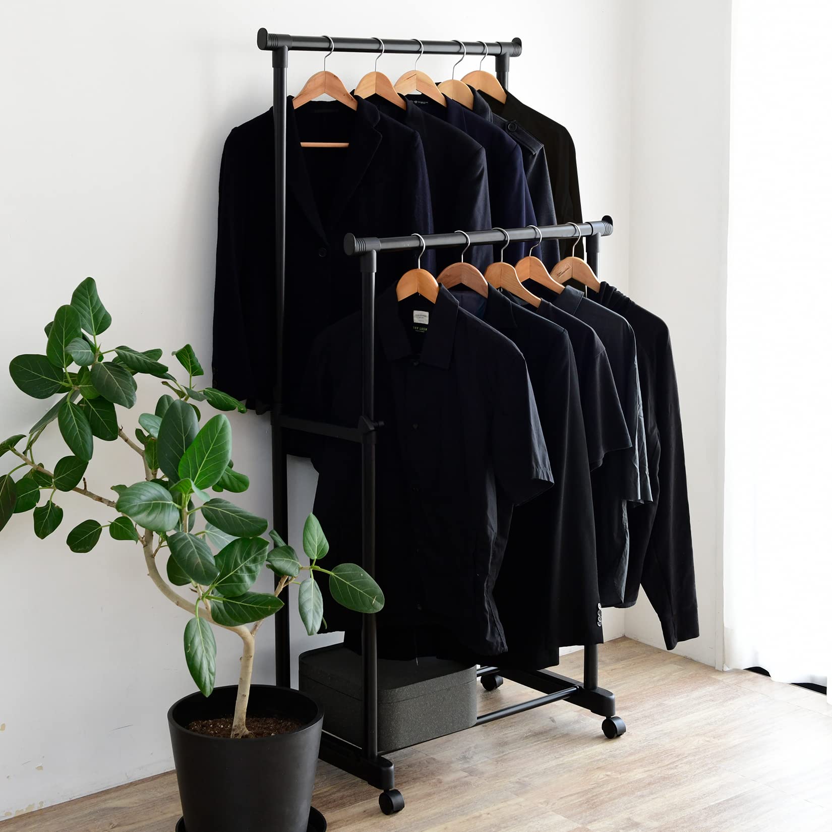 山善(YAMAZEN) ハンガーラック (パイプハンガー) キャスター付き 縦伸縮 ダブル 幅75×奥行43×高さ89-152cm 組立品 ブラック MKS-W(ABK)